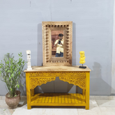 Indian Handmade Carved Wooden Mehrab Console Hall Table Yellow 120x40x75Cm